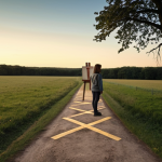 ** A person standing at a crossroads, symbolizing the discovery of passion. The path behind them is dimly lit, representing the past. The paths ahead are brightly lit, each leading to a different symbolic representation of hobbies and interests (e.g., a path leading to an easel, another to a book, another to a sports field). The person appears thoughtful and hopeful.

**
