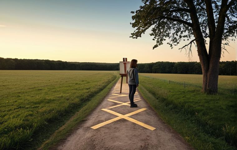 ** A person standing at a crossroads, symbolizing the discovery of passion. The path behind them is dimly lit, representing the past. The paths ahead are brightly lit, each leading to a different symbolic representation of hobbies and interests (e.g., a path leading to an easel, another to a book, another to a sports field). The person appears thoughtful and hopeful.
**