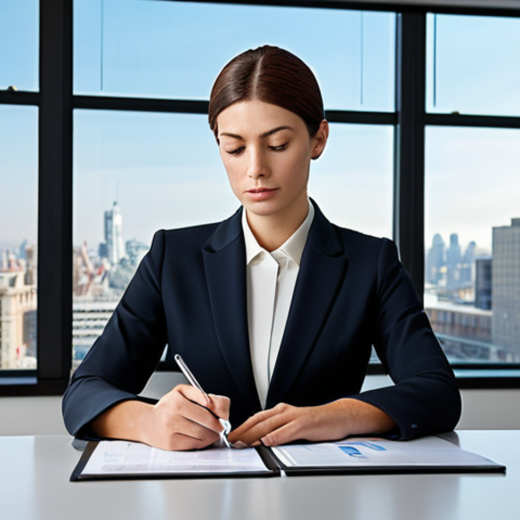 **
"A professional businesswoman wearing a modest, tailored business suit in a modern office setting with large windows overlooking a cityscape. She is seated at a clean desk, reviewing documents with a focused expression. Fully clothed, appropriate attire, safe for work, perfect anatomy, natural proportions, professional corporate photography, high quality, family-friendly."
**