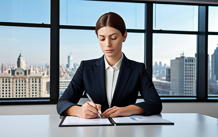 **
"A professional businesswoman wearing a modest, tailored business suit in a modern office setting with large windows overlooking a cityscape. She is seated at a clean desk, reviewing documents with a focused expression. Fully clothed, appropriate attire, safe for work, perfect anatomy, natural proportions, professional corporate photography, high quality, family-friendly."
**