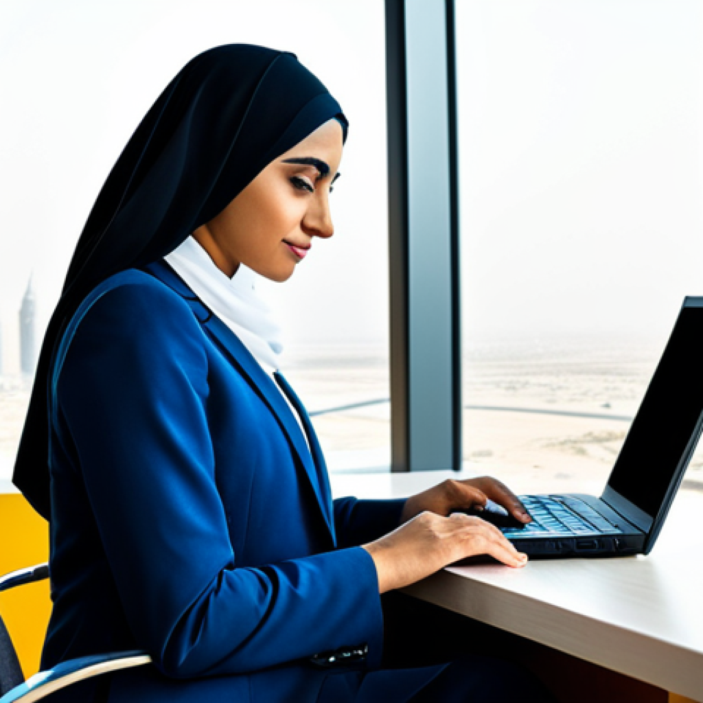 **

"A confident Arab businesswoman in a modern, fully-clothed business suit, working on a laptop in a bright, contemporary office overlooking a cityscape (perhaps Dubai or Riyadh), appropriate attire, safe for work, perfect anatomy, natural proportions, professional, high quality, family-friendly, modest clothing."

**