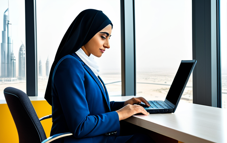 **
"A confident Arab businesswoman in a modern, fully-clothed business suit, working on a laptop in a bright, contemporary office overlooking a cityscape (perhaps Dubai or Riyadh), appropriate attire, safe for work, perfect anatomy, natural proportions, professional, high quality, family-friendly, modest clothing."
**
