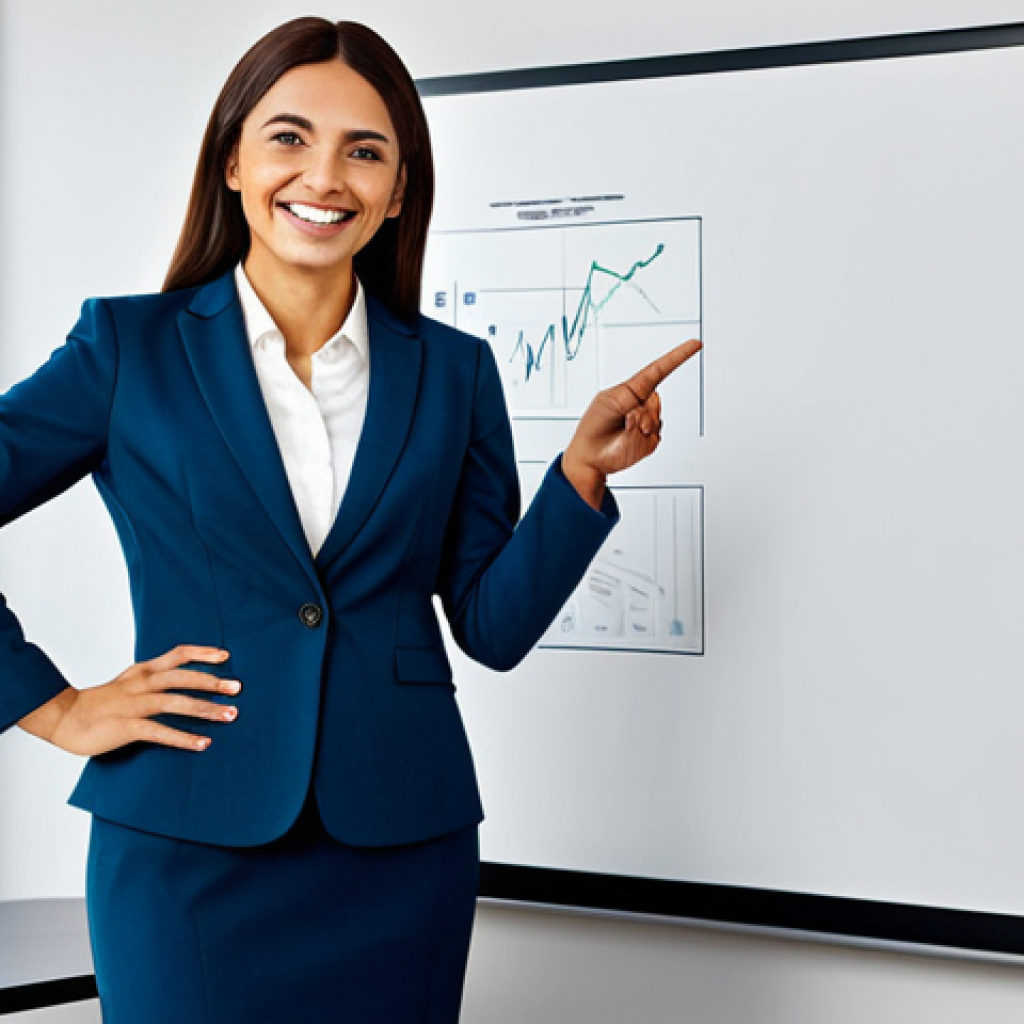 **
A professional woman in a modest business suit, standing confidently in a modern office setting. She is smiling warmly and gesturing towards a whiteboard filled with strategic plans. Fully clothed, appropriate attire, safe for work, family-friendly, perfect anatomy, natural proportions, professional environment, high quality.
**