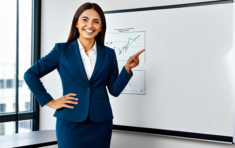**
A professional woman in a modest business suit, standing confidently in a modern office setting. She is smiling warmly and gesturing towards a whiteboard filled with strategic plans. Fully clothed, appropriate attire, safe for work, family-friendly, perfect anatomy, natural proportions, professional environment, high quality.
**