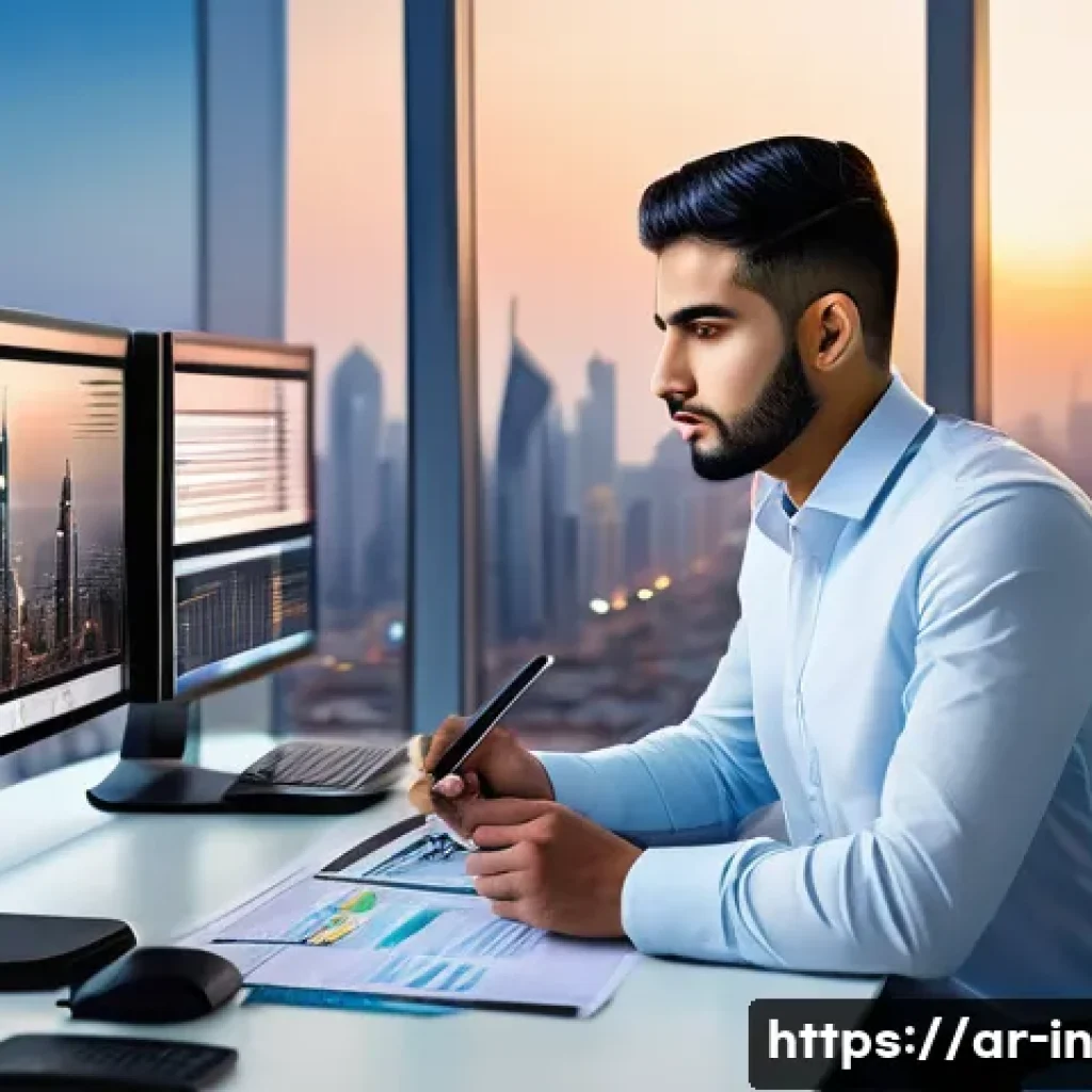 기회 포착을 위한 실용적 사례 연구 - A young Arab entrepreneur in a modern office setting, thoughtfully analyzing digital data on multipl...
