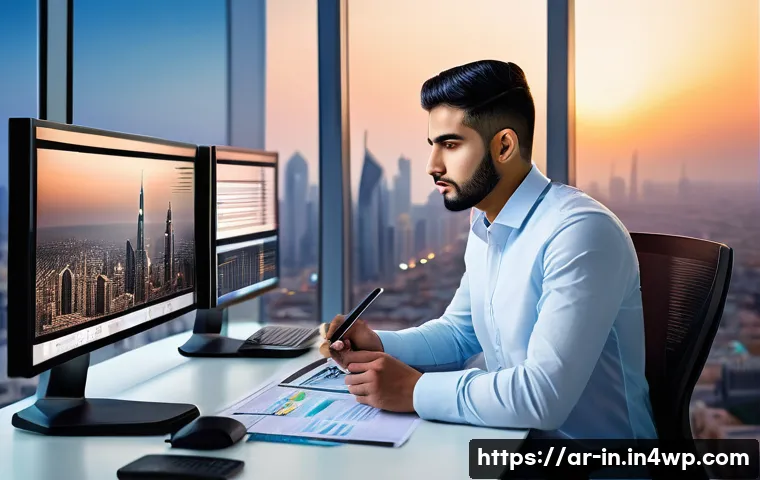 기회 포착을 위한 실용적 사례 연구 - A young Arab entrepreneur in a modern office setting, thoughtfully analyzing digital data on multipl...