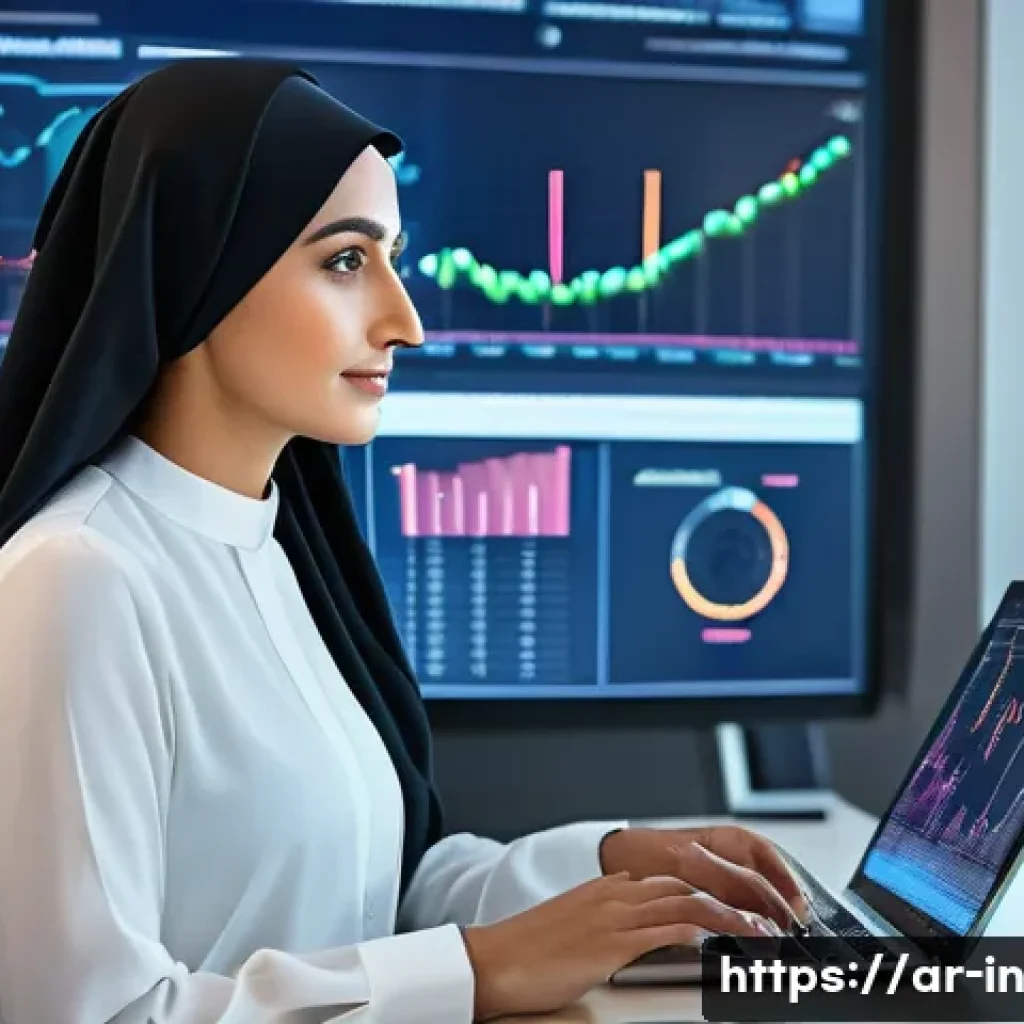 기회 포착 역량 개발을 위한 온라인 코스 - A modern Arab professional woman wearing modest business attire, sitting at a sleek desk with multip...