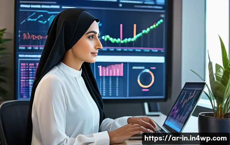기회 포착 역량 개발을 위한 온라인 코스 - A modern Arab professional woman wearing modest business attire, sitting at a sleek desk with multip...
