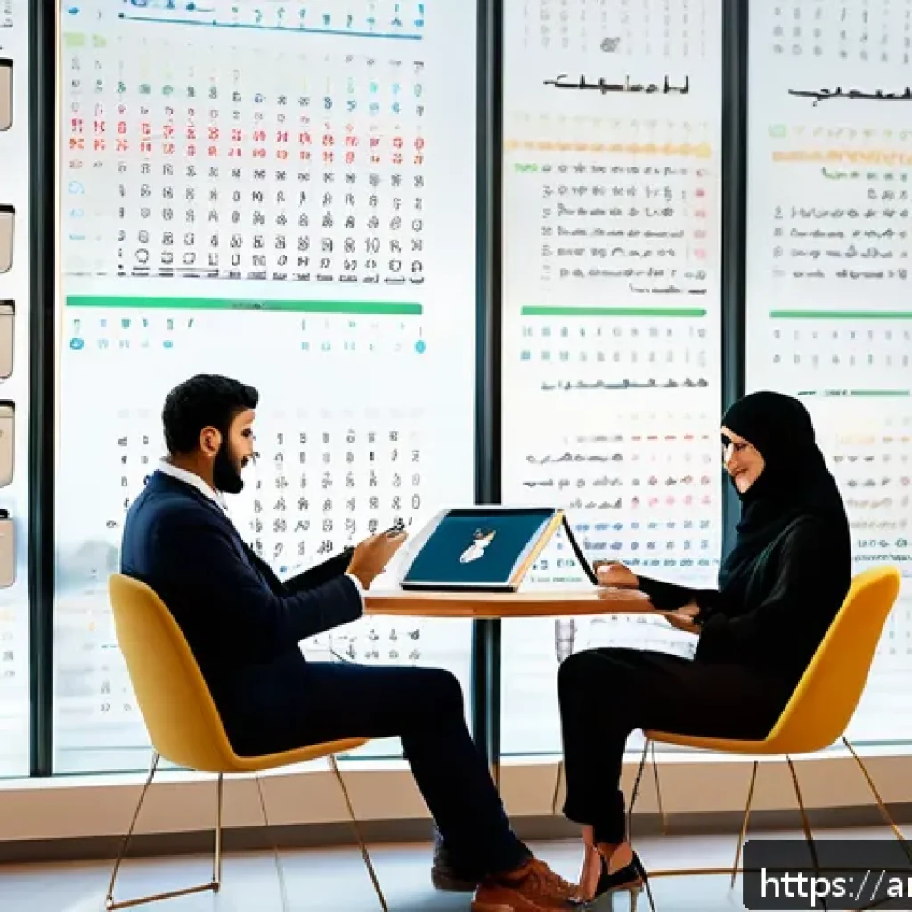 기회 포착을 위한 최신 기술 활용법 - A modern Middle Eastern office setting showcasing a professional Arab man and woman using AI-powered...
