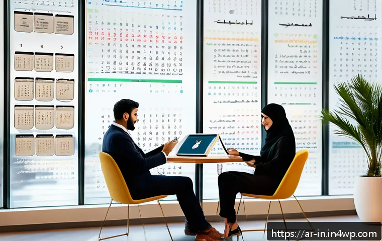 기회 포착을 위한 최신 기술 활용법 - A modern Middle Eastern office setting showcasing a professional Arab man and woman using AI-powered...