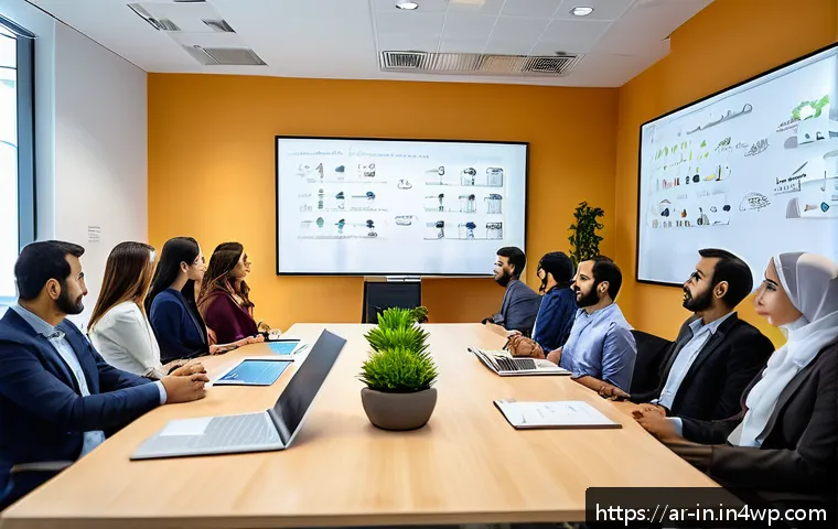 기회 포착을 위한 비즈니스 트렌드 - A modern Arab office environment showcasing a diverse team of professional employees engaged in a br...