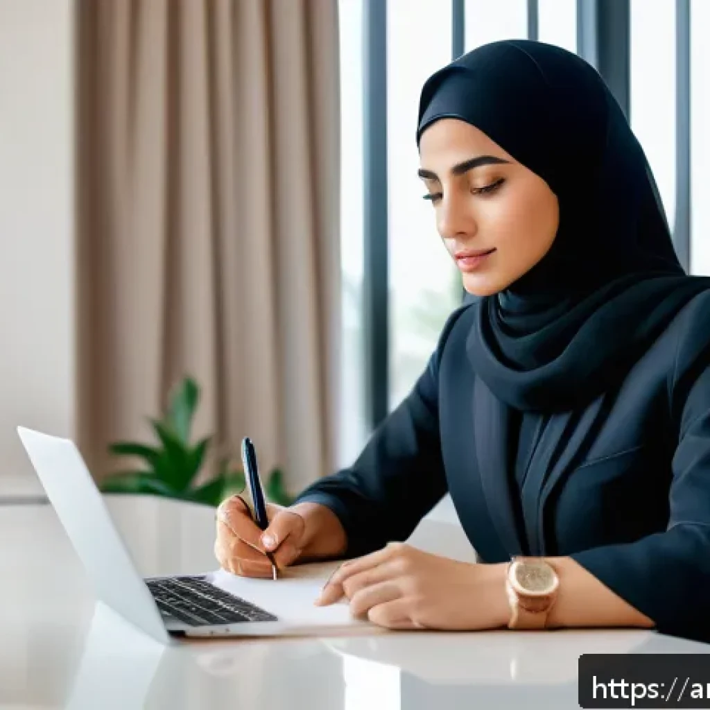 기회 포착을 위한 개인 브랜드 구축 - A professional Middle Eastern businesswoman in modern, modest attire, sitting confidently at a sleek...