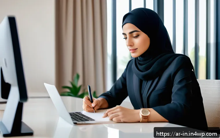 기회 포착을 위한 개인 브랜드 구축 - A professional Middle Eastern businesswoman in modern, modest attire, sitting confidently at a sleek...