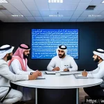 Home 22 기회 포착 역량을 위한 조직 내 경험 - A professional Middle Eastern office environment featuring a diverse group of Arabic-speaking collea...
