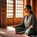 Home 21 기회 포착을 위한 감정 지능 활용법 - A serene Middle Eastern woman practicing deep breathing meditation in a sunlit traditional Arabic ro...