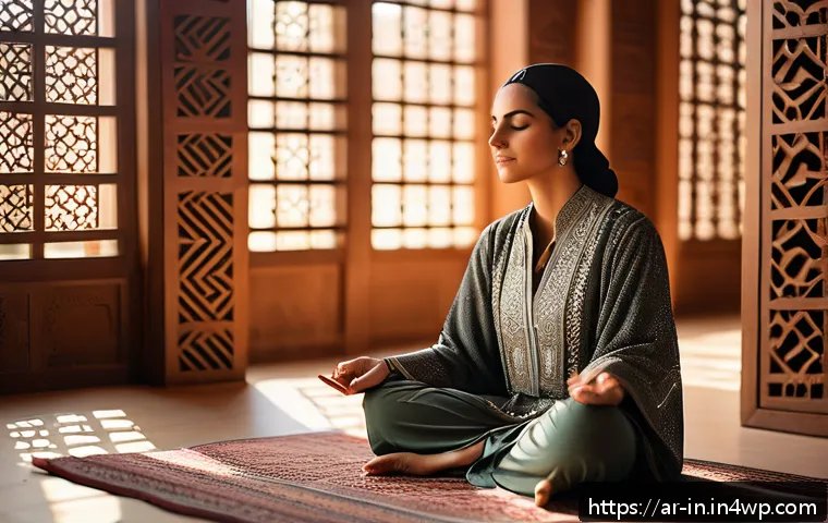 기회 포착을 위한 감정 지능 활용법 - A serene Middle Eastern woman practicing deep breathing meditation in a sunlit traditional Arabic ro...