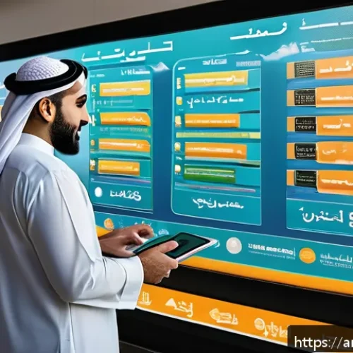 Home 31 기회 포착을 위한 창업 아이디어 발굴법 - A modern digital marketplace scene in a Middle Eastern city, featuring diverse Arabic-speaking entre...