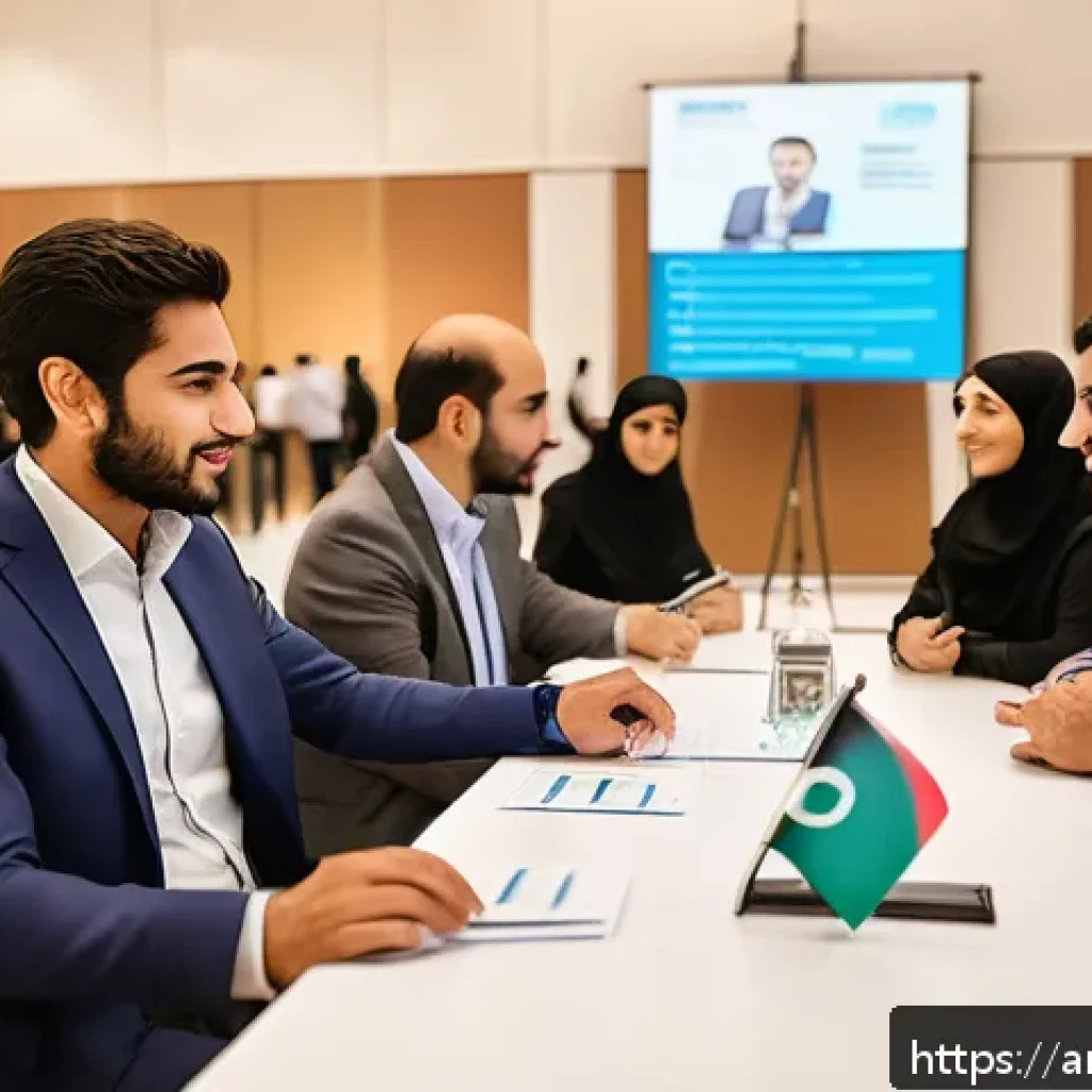 기회 포착을 위한 네트워크 확장 전략 - A professional networking event in a modern Middle Eastern conference hall, featuring diverse Arab m...