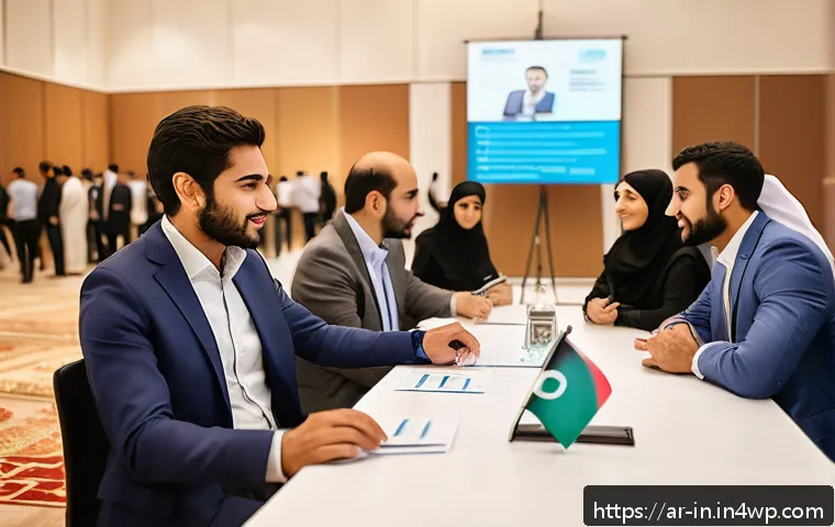 기회 포착을 위한 네트워크 확장 전략 - A professional networking event in a modern Middle Eastern conference hall, featuring diverse Arab m...