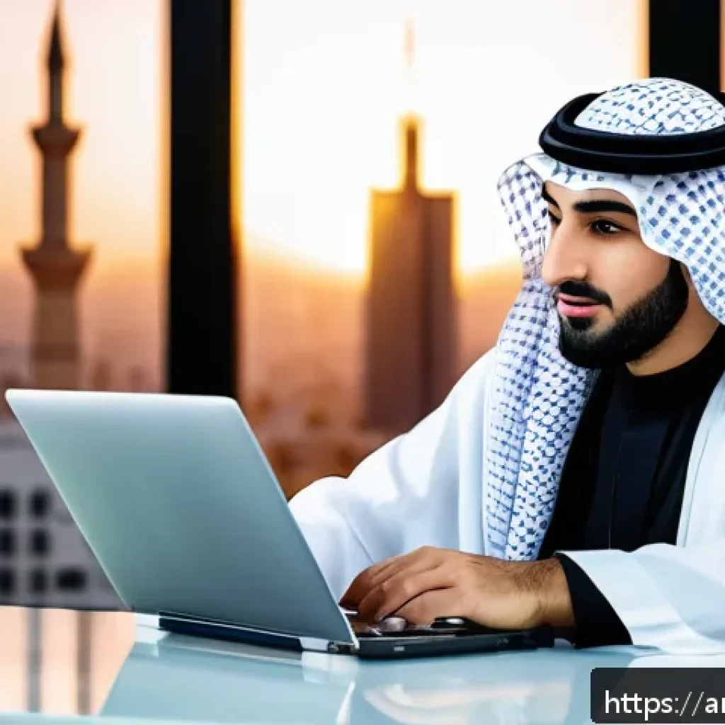 기회 포착 역량 개발을 위한 멘토 조언 - A professional Middle Eastern man in traditional attire (thobe and keffiyeh), attentively analyzing ...
