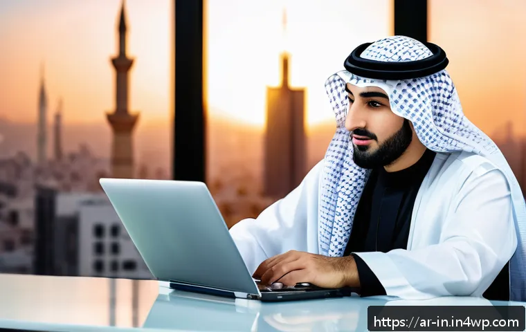 기회 포착 역량 개발을 위한 멘토 조언 - A professional Middle Eastern man in traditional attire (thobe and keffiyeh), attentively analyzing ...