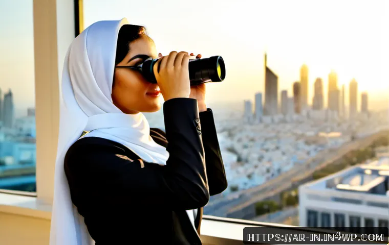 기회 포착 역량과 경쟁력 - Photorealistic Arab businesswoman in modest professional attire standing beside a sunlit office wind...