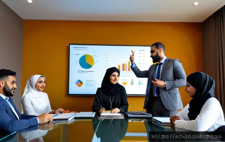 기회 포착을 위한 마케팅 전략 - Photorealistic marketing strategy meeting in a modern Gulf Arab office, diverse Arab business team i...